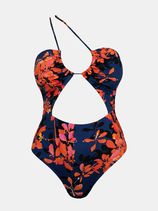 Badeanzug mit Blumenmuster in Marineblau