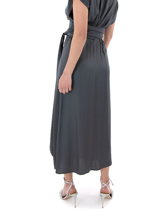 Kramma Satin High Waist Midi Skirt in Gray color