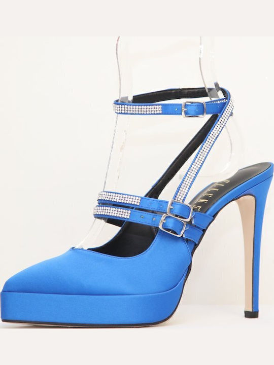 Synthetic Leather Blue High Heels with Strap
