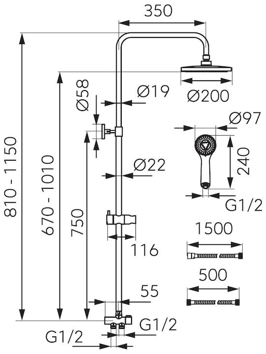 Ferro Wizard Adjustable Shower Column with Bathtub Mixer 115cm Silver