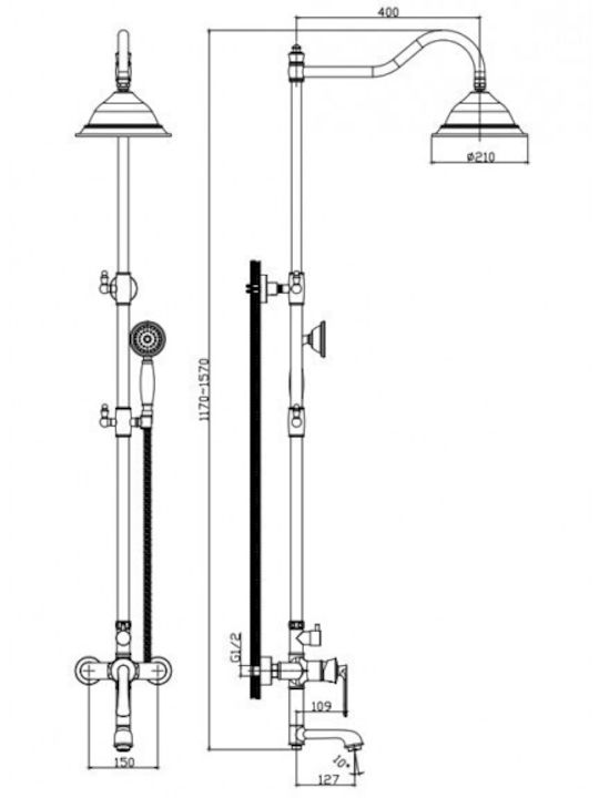 Inter Ceramic Sania Reglabilă Coloană de duș cu Baterie 77.2-116.5cm Aurie