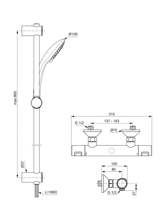 Ideal Standard Ceratherm Στήλη Ντουζ με Μπαταρία 90cm Ασημί