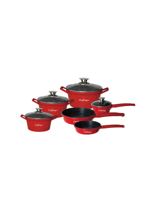 Cheffinger Cookware Set of Aluminum with Non-stick Coating Red 10pcs