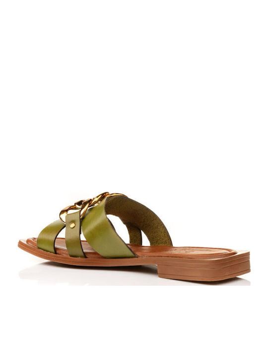 Leather Women's Flat Sandals in Green Color
