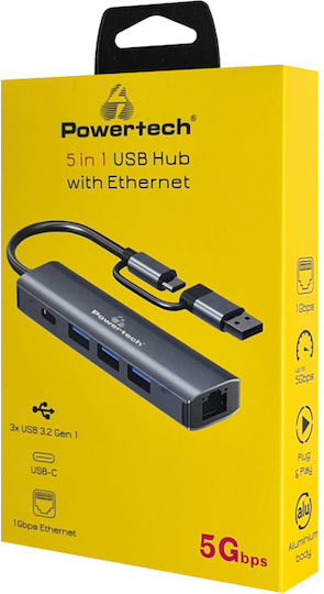 Powertech Hub 4 Ports USB 3.2 with USB-A / USB-C / Ethernet Connection Gray