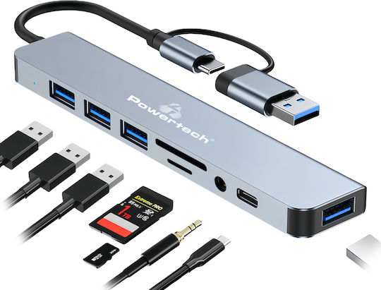 Powertech USB-Hub 5 Anschlüsse USB 3.2 mit Anschluss an einen Computer USB-A / USB-C Grau