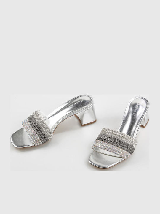 Mules with Chunky Low Heel in Silver Color