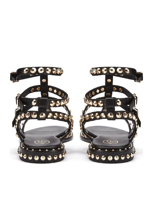 Combo' Leder Flache Sandalen für Damen Gladiator in Schwarz Farbe