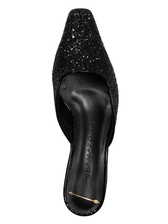 Glamazons Black Glitter Mules Black Leather Mules Petroulas
