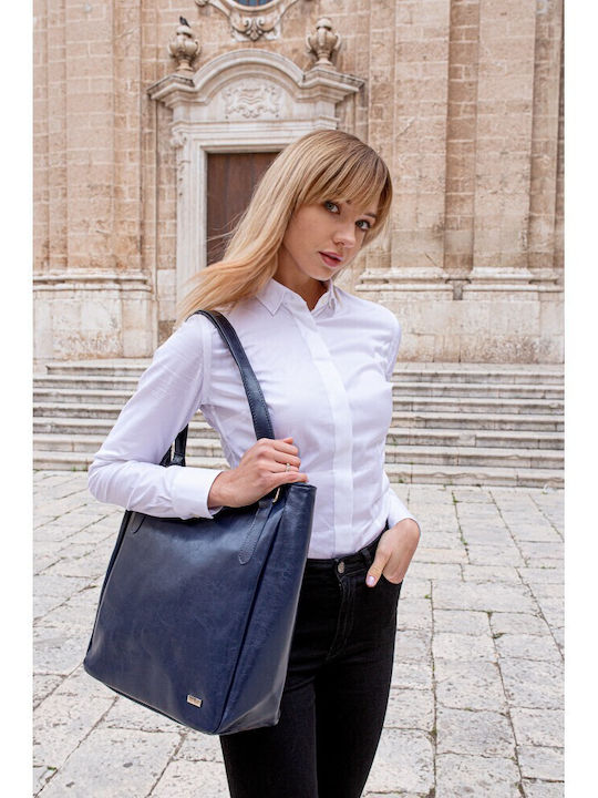 Δερμάτινη Γυναικεία Shopper Τσάντα Navy Μπλε
