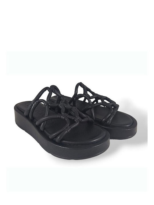 Wonders Leather Women's Flat Sandals Flatforms in Black Color