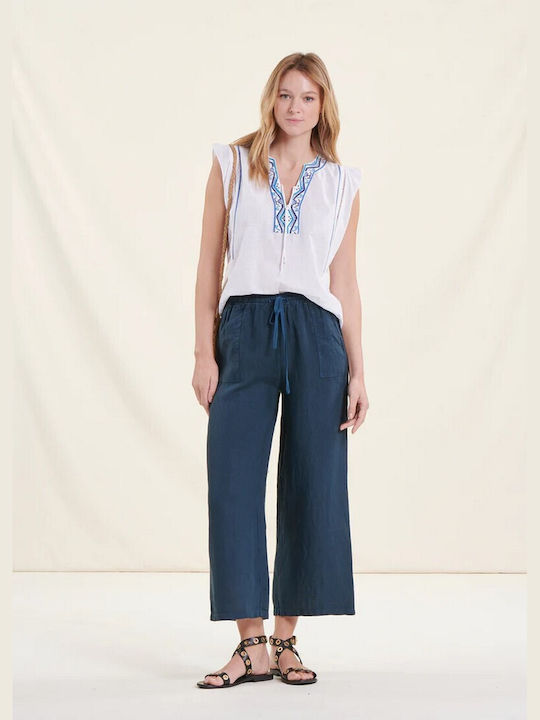 La Fee Maraboutee Women's Linen Trousers with Elastic Blue