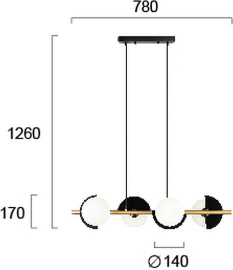 Viokef Hängelampe Schwarz Schiene für 4 Lampen G9 78x17x126cm.