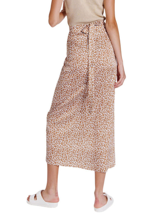 Collectiva Noir Adiope Satin High Waist Midi Envelope Skirt Leopard in Beige color