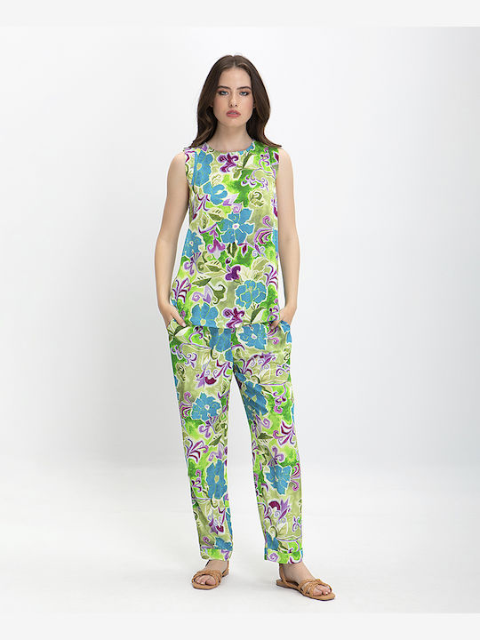 Laura Donini Damen Stoff Palazzo-Hose mit Gummizug Blumen