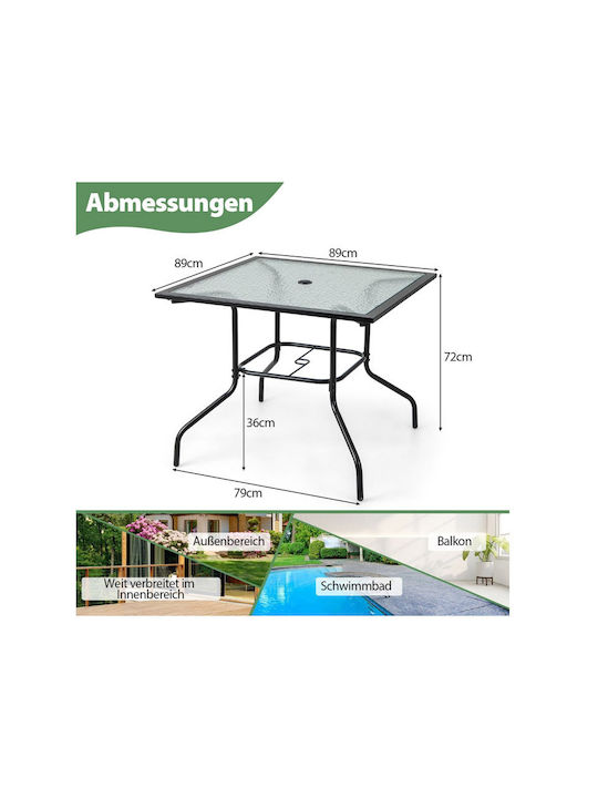 Outdoor Dinner Free Standing Table with Glass Surface and Metal Frame Metallic 89x89x72cm