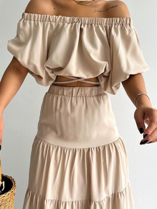 Reyon Set with High Waist Skirt in Beige color