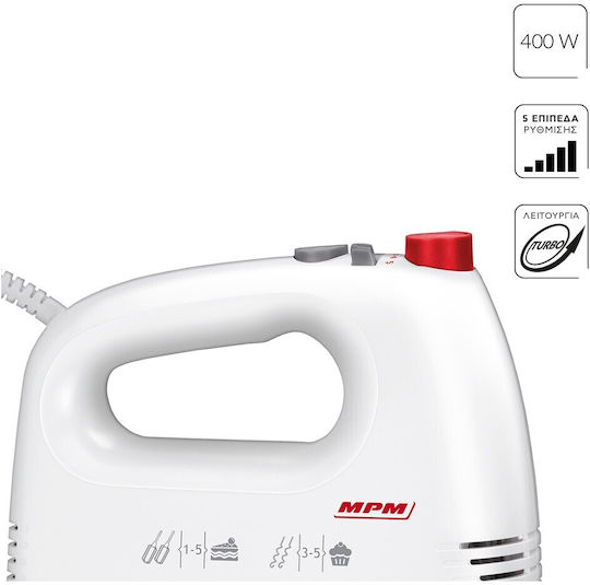 MPM Μίξερ με Inox Κάδο 3.5lt Λευκό 400W