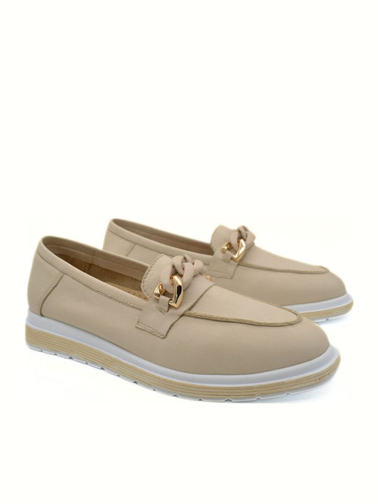 Δερμάτινα Γυναικεία Loafers σε Μπεζ Χρώμα
