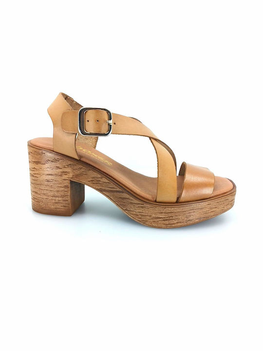 Boxer Leather Women's Sandals Brown with Medium Heel