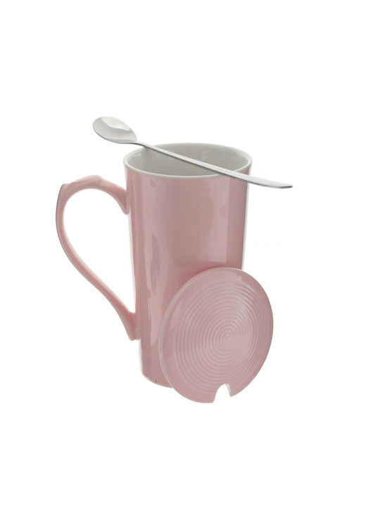 La Belle Maison Tasse aus Porzellan mit Deckel Rosa 330ml 1Stück