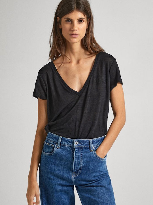 Pepe Jeans Damen T-Shirt mit V-Ausschnitt Schwarz