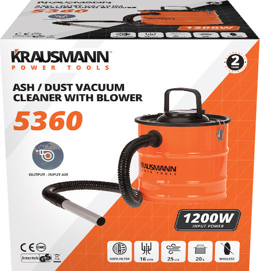 Krausmann Ash Vacuum 1200W with 20lt Waste Container