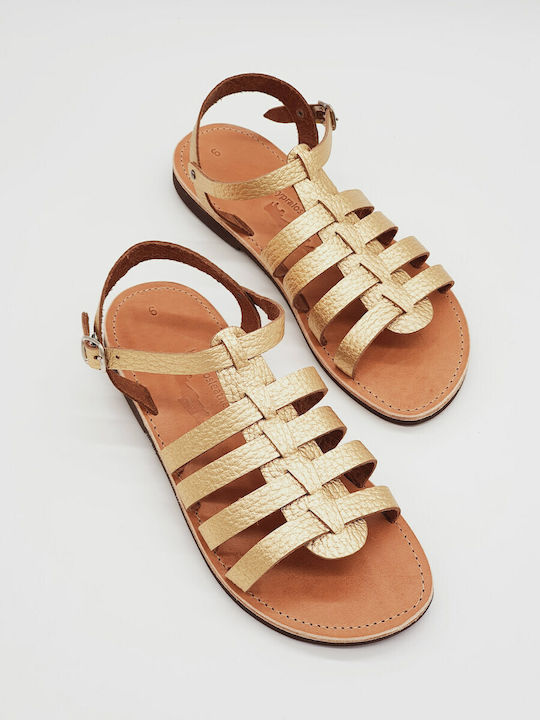 Kypraiosleather Leder Damen Flache Sandalen in Gold Farbe