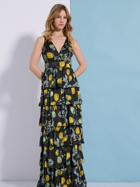 Matis Fashion Maxi Βραδινό Φόρεμα Σατέν Κρουαζέ με Βολάν Μαύρο