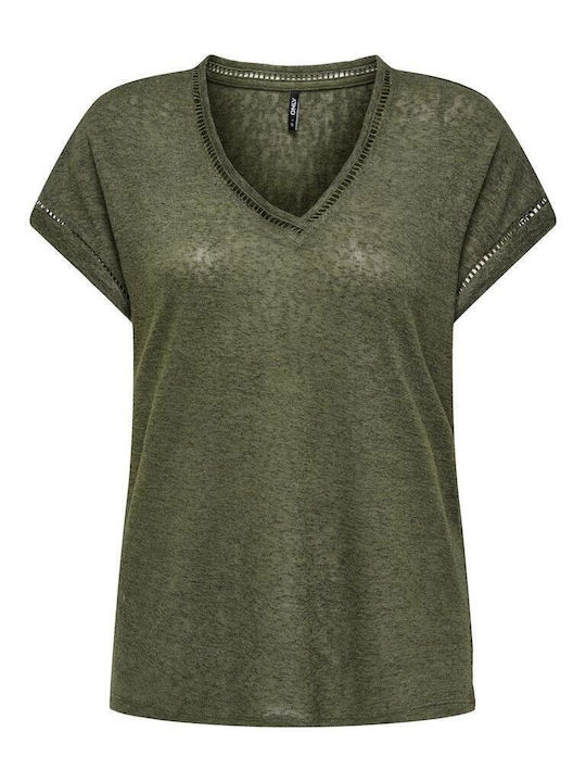 Only Women's Athletic T-shirt Fast Drying with V Neckline Dark Olive