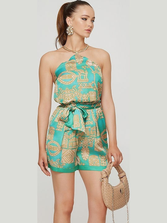 Women's Crop Top Off-Shoulder Satin Sleeveless with Halter Neck Green