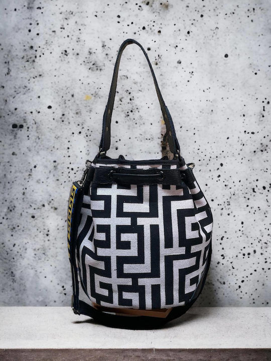 Themis Δερμάτινο Γυναικείο Πουγκί Ώμου Beige Black Labyrinth