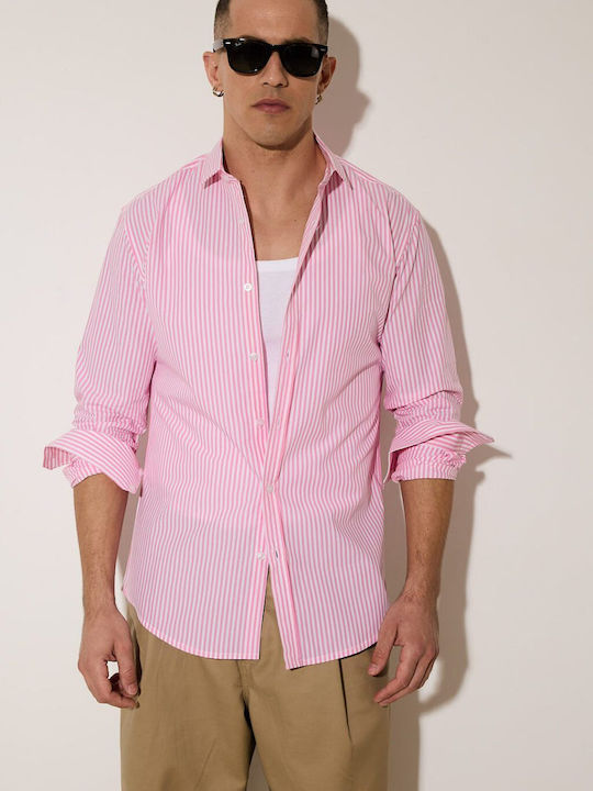 Stefan Fashion Men's Shirt Long Sleeve Cotton Striped Pink