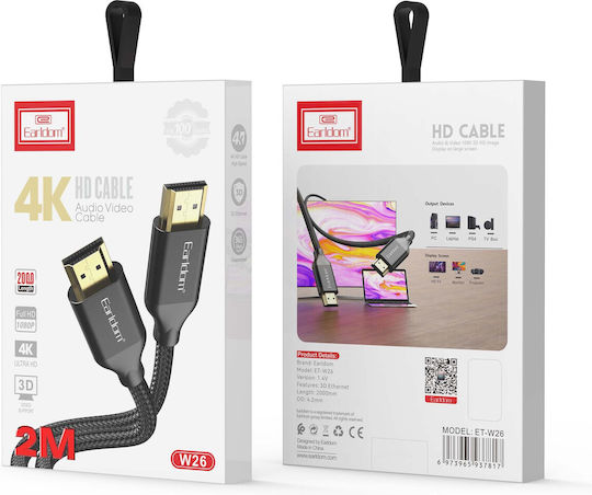 Earldom HDMI 1.4 High Speed 1080p 120Hz Braided Cable HDMI Male - HDMI Male 2m Black