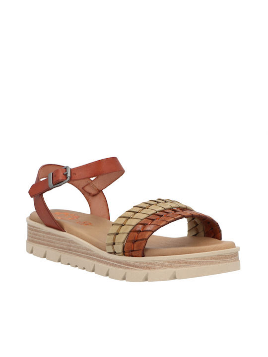 Porronet Leather Women's Flat Sandals with Strap Flatforms in Brown Color