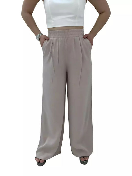 Collection Women's Linen Trousers with Elastic in Regular Fit Beige