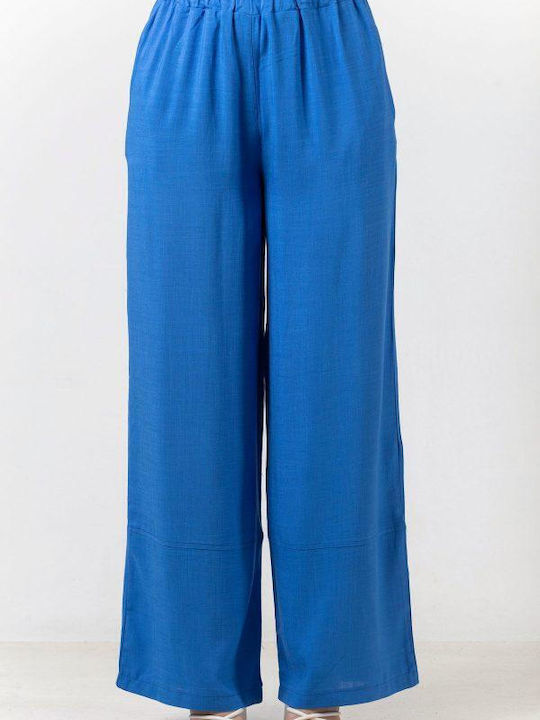 Simple Fashion Women's Linen Trousers with Elastic Blue