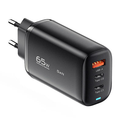 Essager Încărcător Fără Cablu GaN cu Port USB-A și 2 Porturi USB-C 65W Livrarea energiei / Quick Charge 3.0 Negruς (ECT2CA-MYB01)