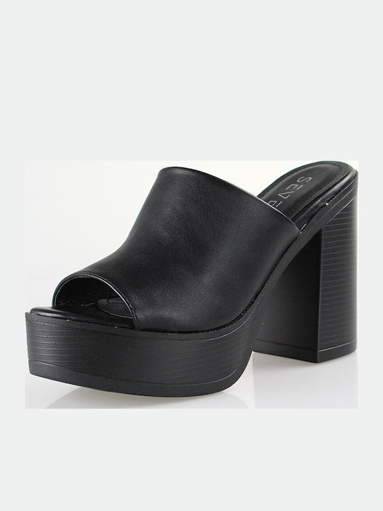 Mules with Chunky High Heel in Black Color