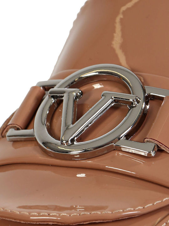 Flat Mules from Patent Leather in Beige Color