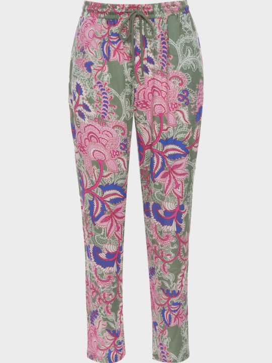 Women's Fabric Trousers with Elastic Regular Fit Floral Khaki