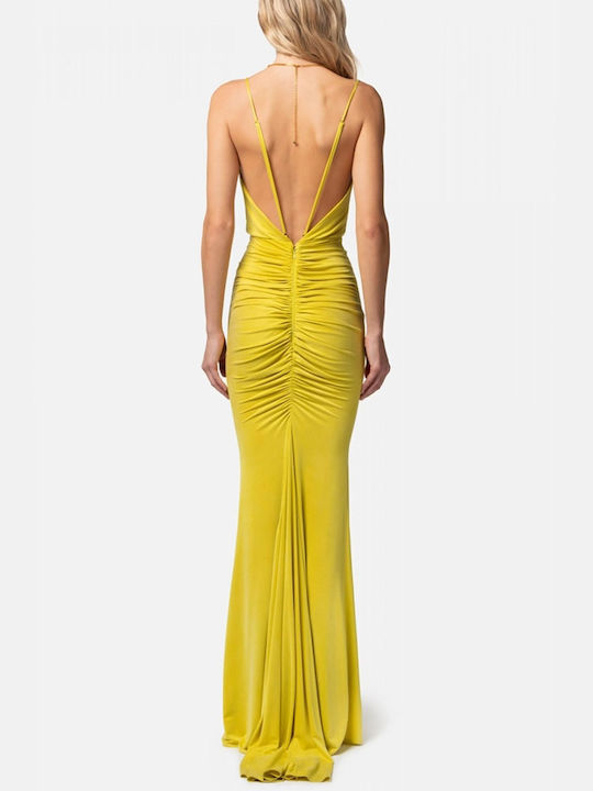 Elisabetta Franchi Maxi Dress Draped with Slit Yellow