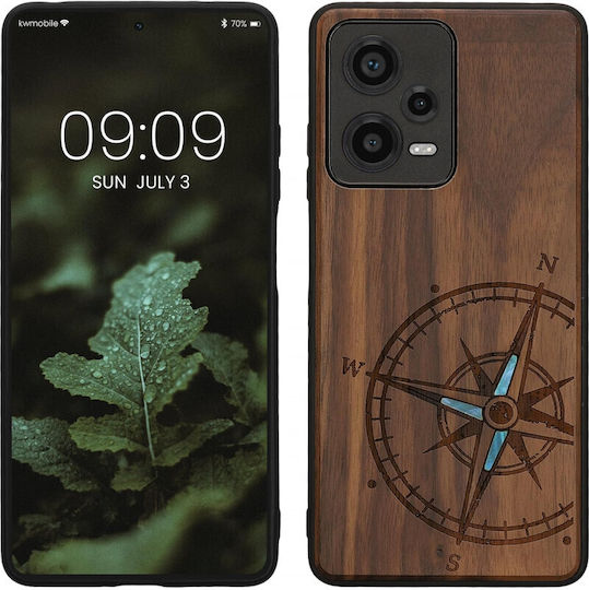 KWmobile Navigational Compass Umschlag Rückseite Hölzern Mother of Pearl - Dark Brown (Redmi Note 12 Pro / Poco X5 Pro)