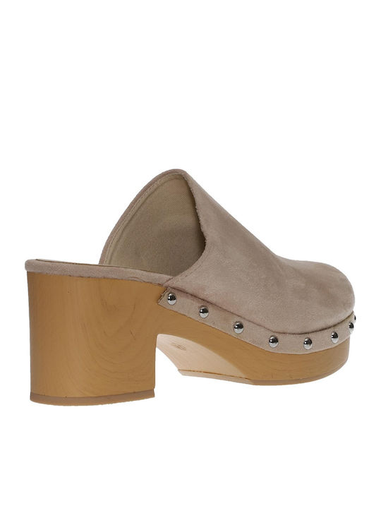 Suede Mules with Chunky High Heel in Beige Color