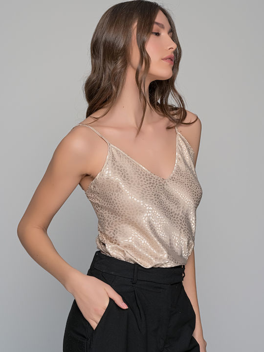 Women's Blouse Satin with Straps & V Neckline Beige