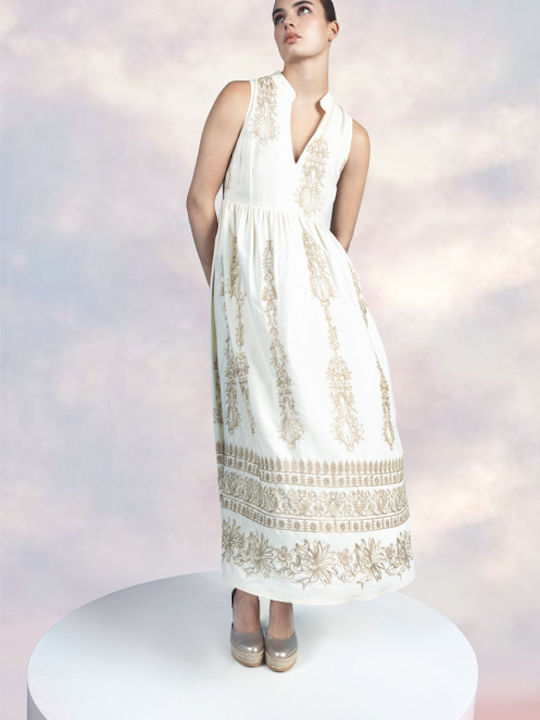 Sleeveless Dress with Beige Embroidery