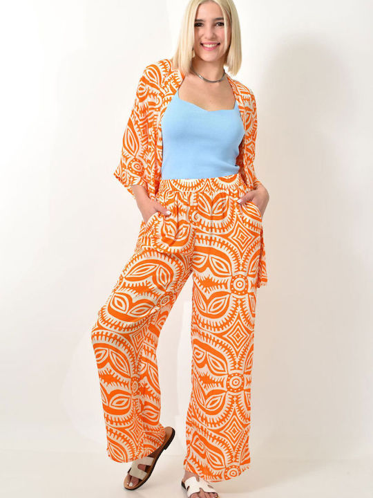 Set Pantaloni Imprimati Kimono Portocalii 23818