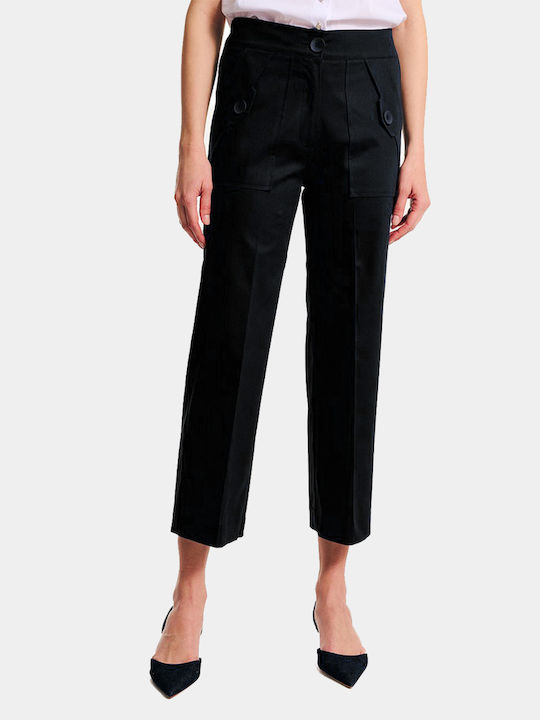 Forel Women's High-waisted Cotton Trousers with Elastic Black