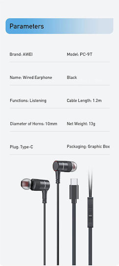 Awei PC-9T In-ear Handsfree Ακουστικά με Βύσμα USB-C