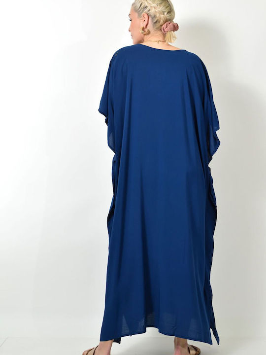 Women's solid color caftan with gold design Dark Blue 20399